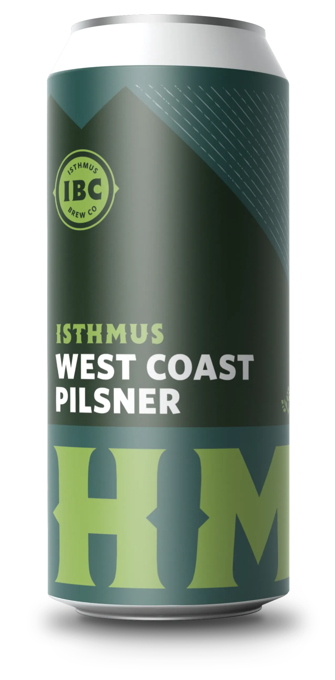 A tall can of Isthmus Brew Co.'s West Coast Pilsner, featuring a dark green label with light green and white text, geometric patterns, and the brewery's logo near the top.