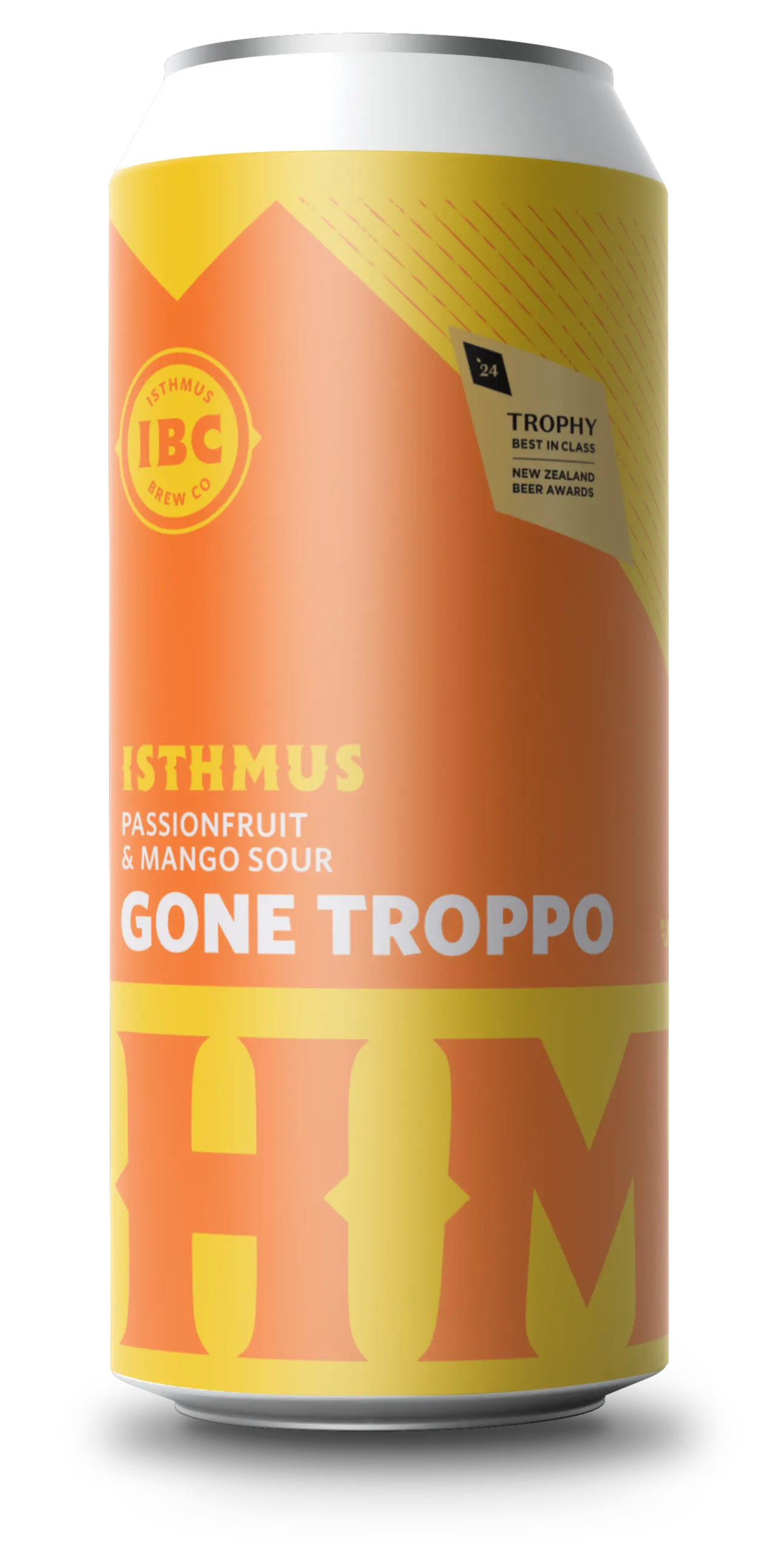 A can of Isthmus Brew Co's Gone Troppo Passionfruit & Mango Sour, featuring a bright orange and yellow design with bold lettering and a trophy label for Best In Class at the New Zealand Beer Awards.