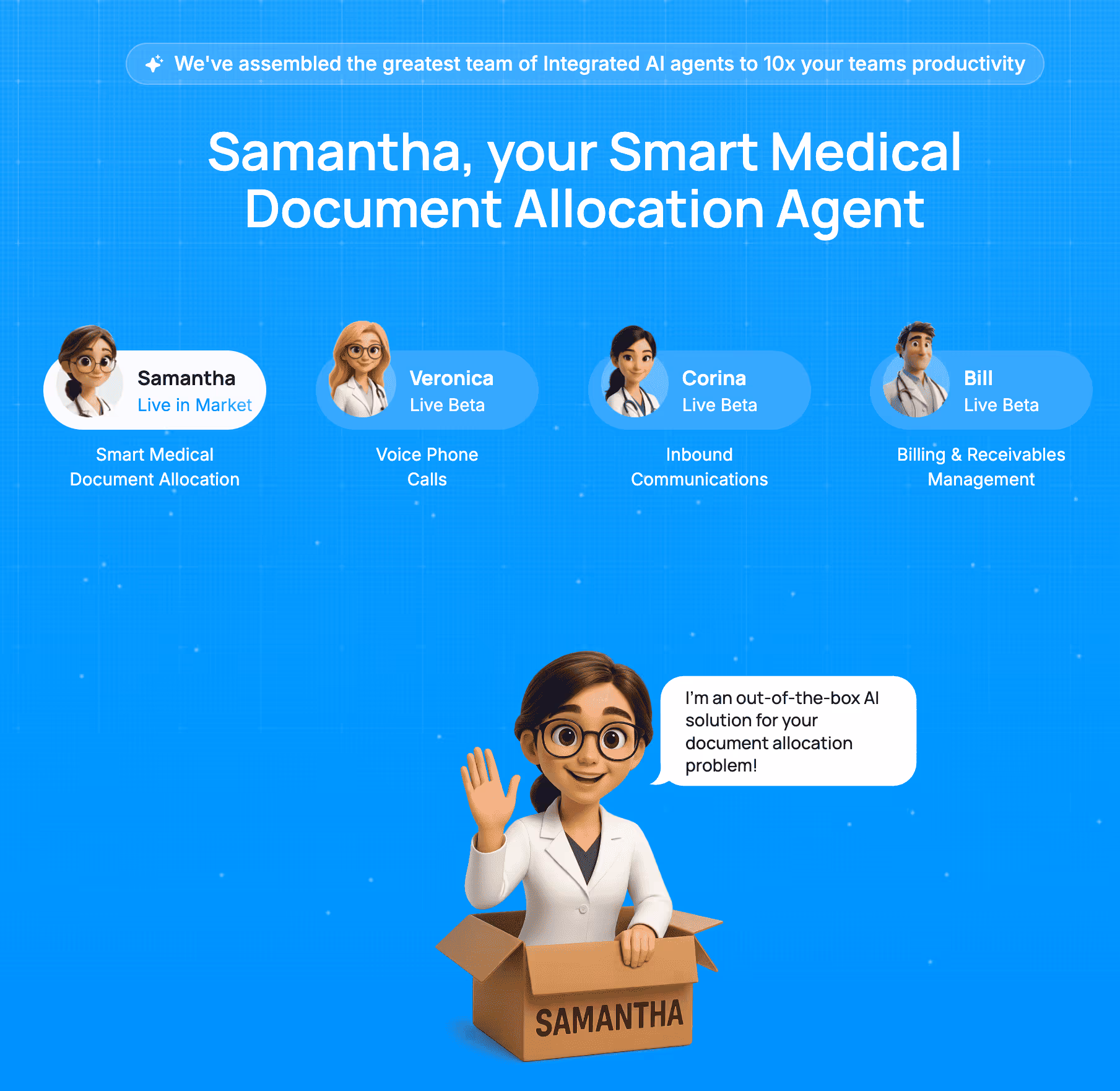 Animated character Samantha in a box labeled 'SAMANTHA,' waving and saying she is an out-of-the-box AI solution for document allocation, with profiles of AI agents Samantha, Veronica, Corina, and Bill at top for different tasks.