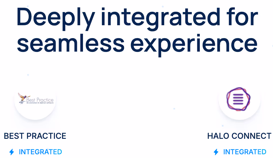 Text reading 'Deeply integrated for seamless experience' above logos for Best Practice and Halo Connect with 'Integrated' labels underneath.