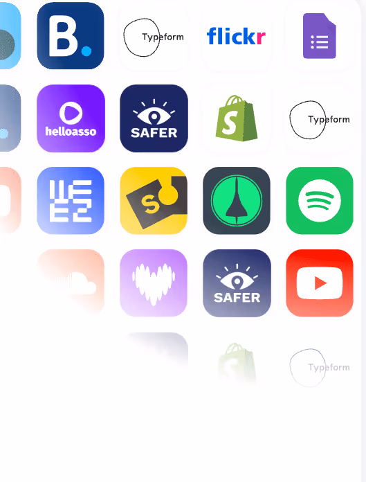 Grid of various app icons including Typeform, flickr, Google Forms, HelloAsso, SAFER, Shopify, Weez, Spotify, YouTube, and others on a white background.