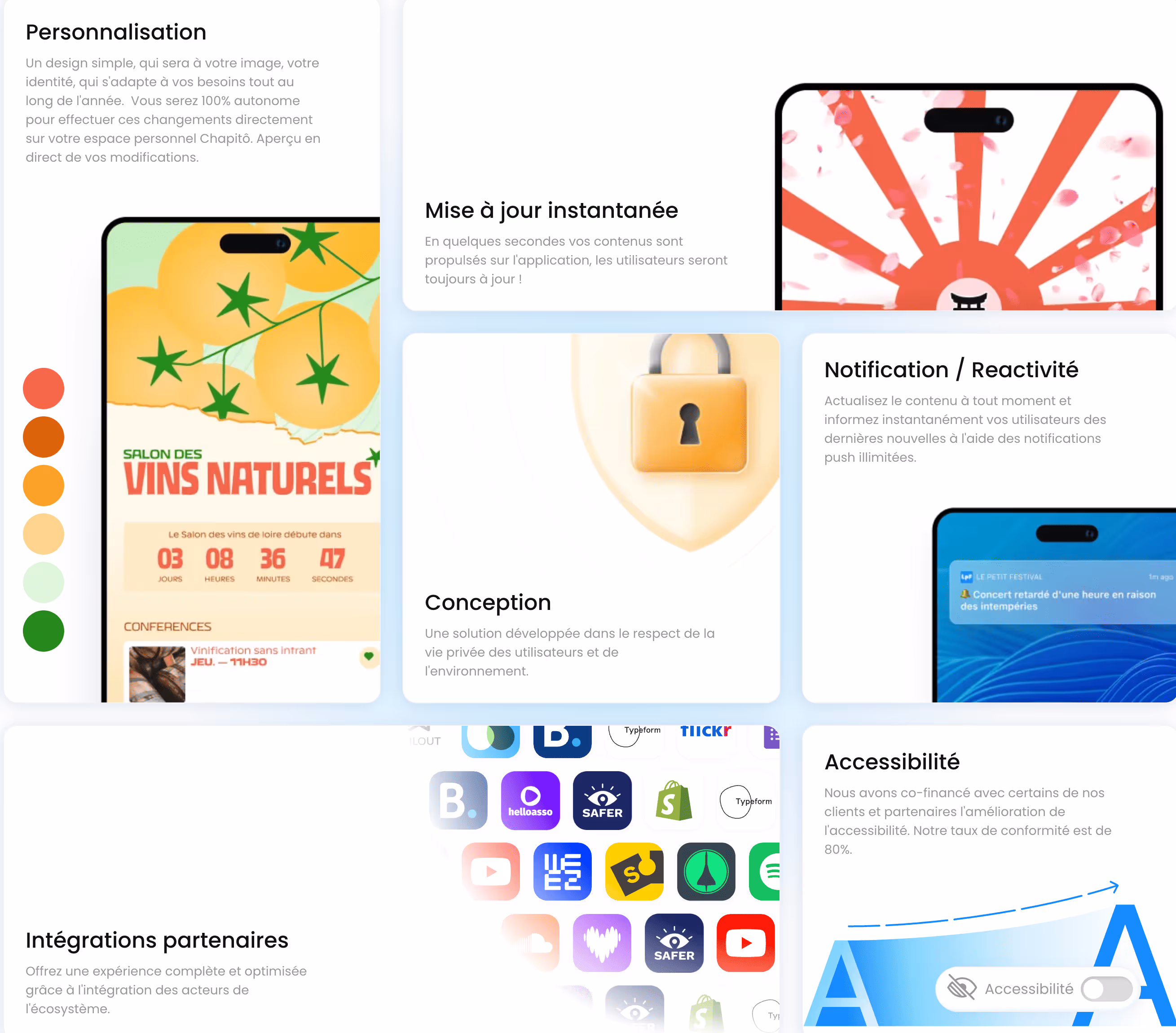 Collage showing a mobile phone screen with a natural wine event countdown, padlock on a shield icon, various app logos, and accessibility toggle with text describing features like personalization, instant updates, notifications, and accessibility.