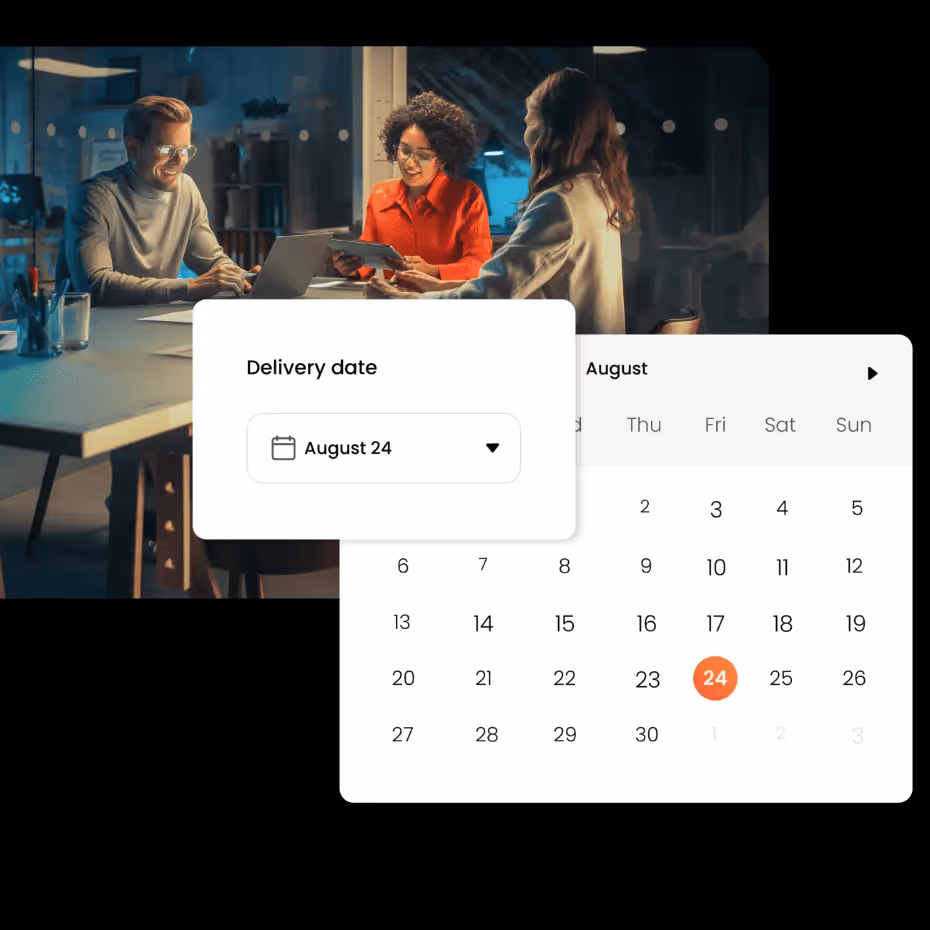 Three people in an office setting smiling and discussing while a calendar popup highlights August 24 as the selected delivery date.