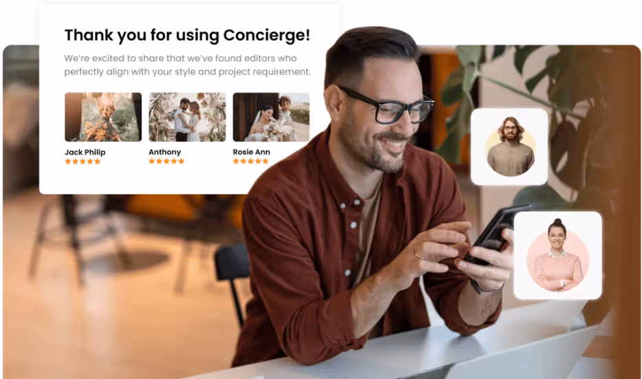 Smiling man with glasses using smartphone at a desk, with pop-up images of three editors and a thank-you message for using Concierge.
