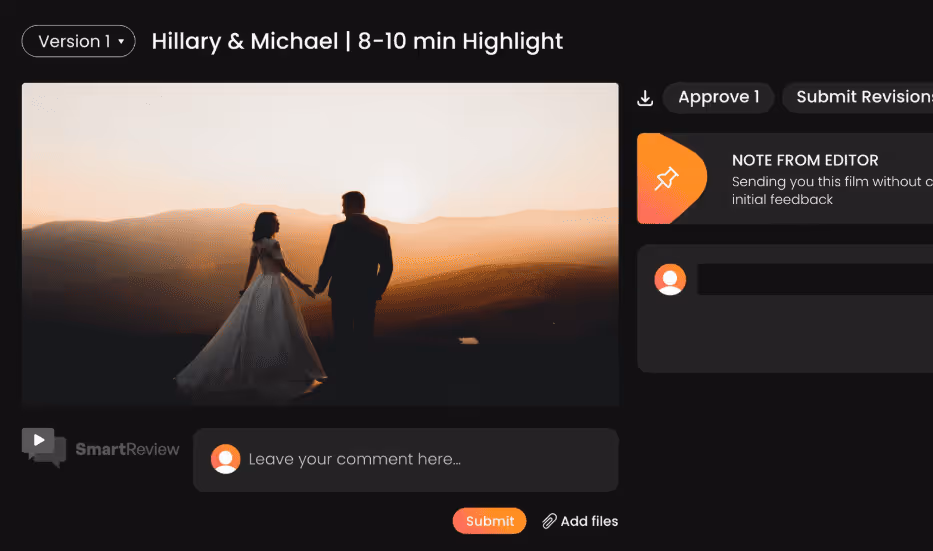 Video review interface showing a sunset scene of a couple holding hands, with options to approve, submit revisions, and add comments.