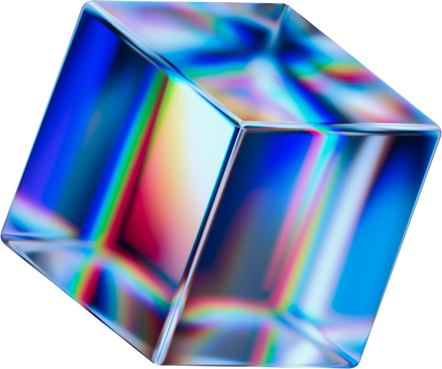 Transparent glass cube with vibrant rainbow light reflections on its surfaces.