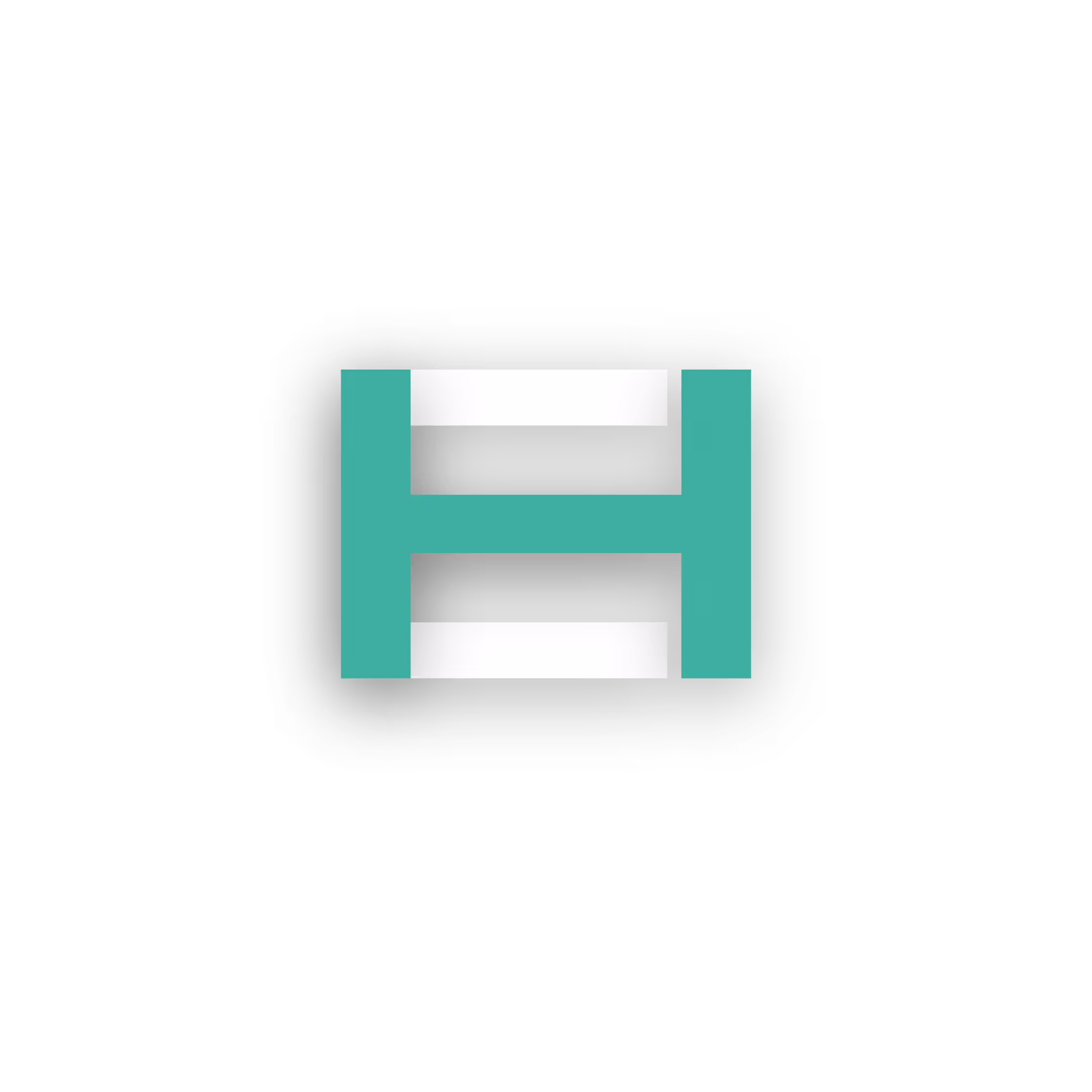Stylized letter H in teal and white on a black background.