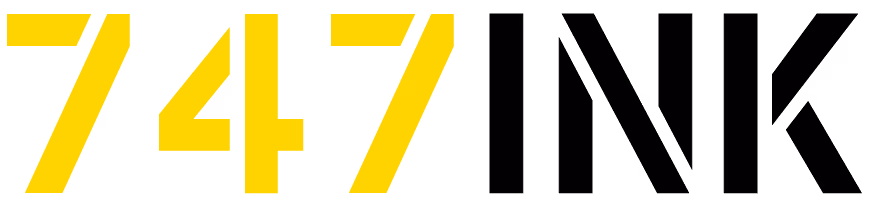 Logo displaying the text '747INK' with '747' in yellow and 'INK' in black.