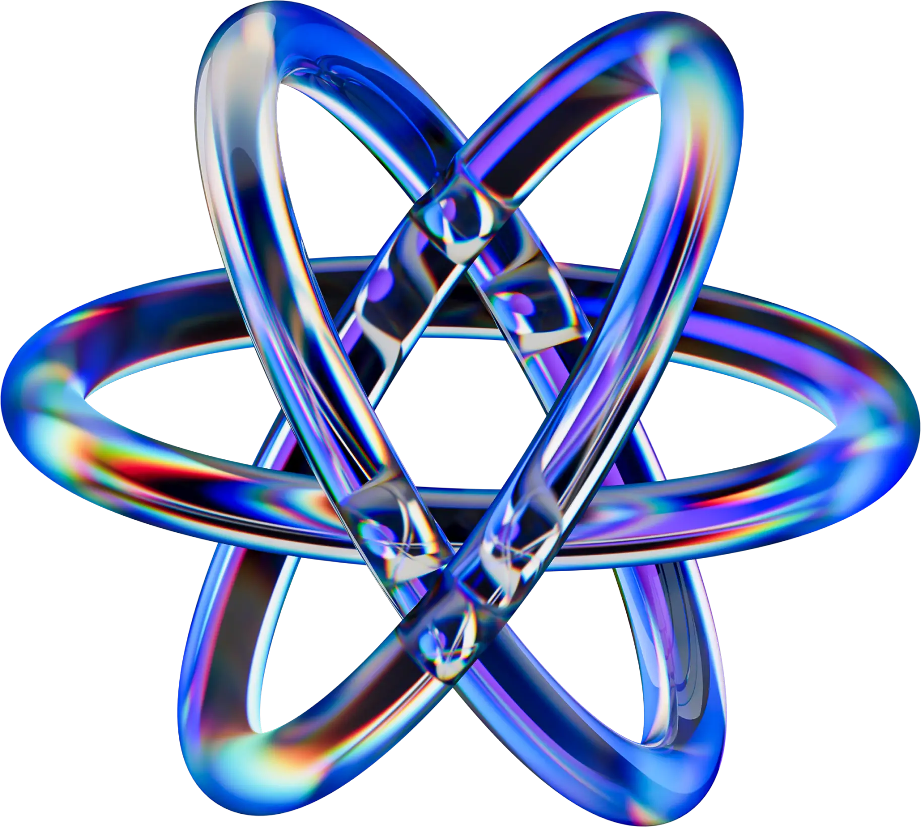 Glossy blue and purple intertwined 3D loops forming an abstract atomic structure on a transparent background.