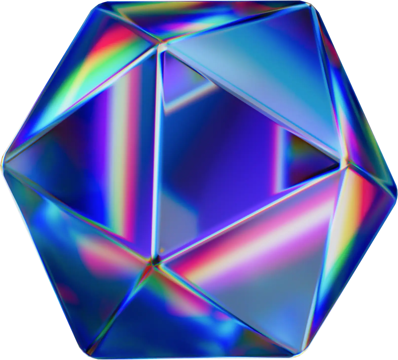 Shiny multifaceted geometric crystal with blue, purple, and rainbow reflections.