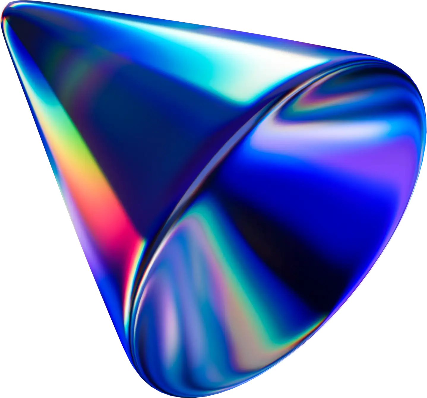 Iridescent blue cone with smooth, glossy surface reflecting rainbow colors.