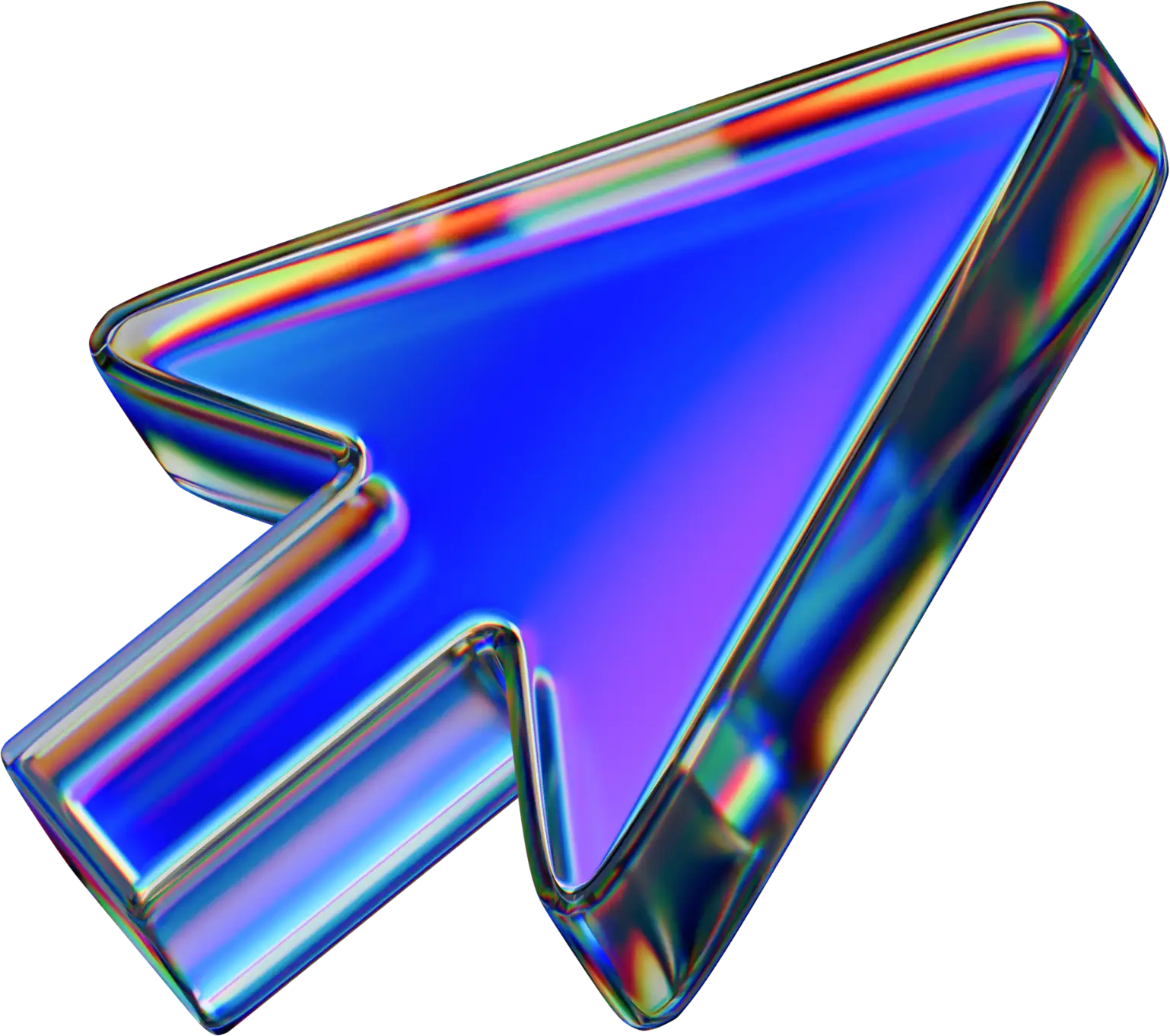 3D iridescent blue and purple arrow cursor with translucent edges.