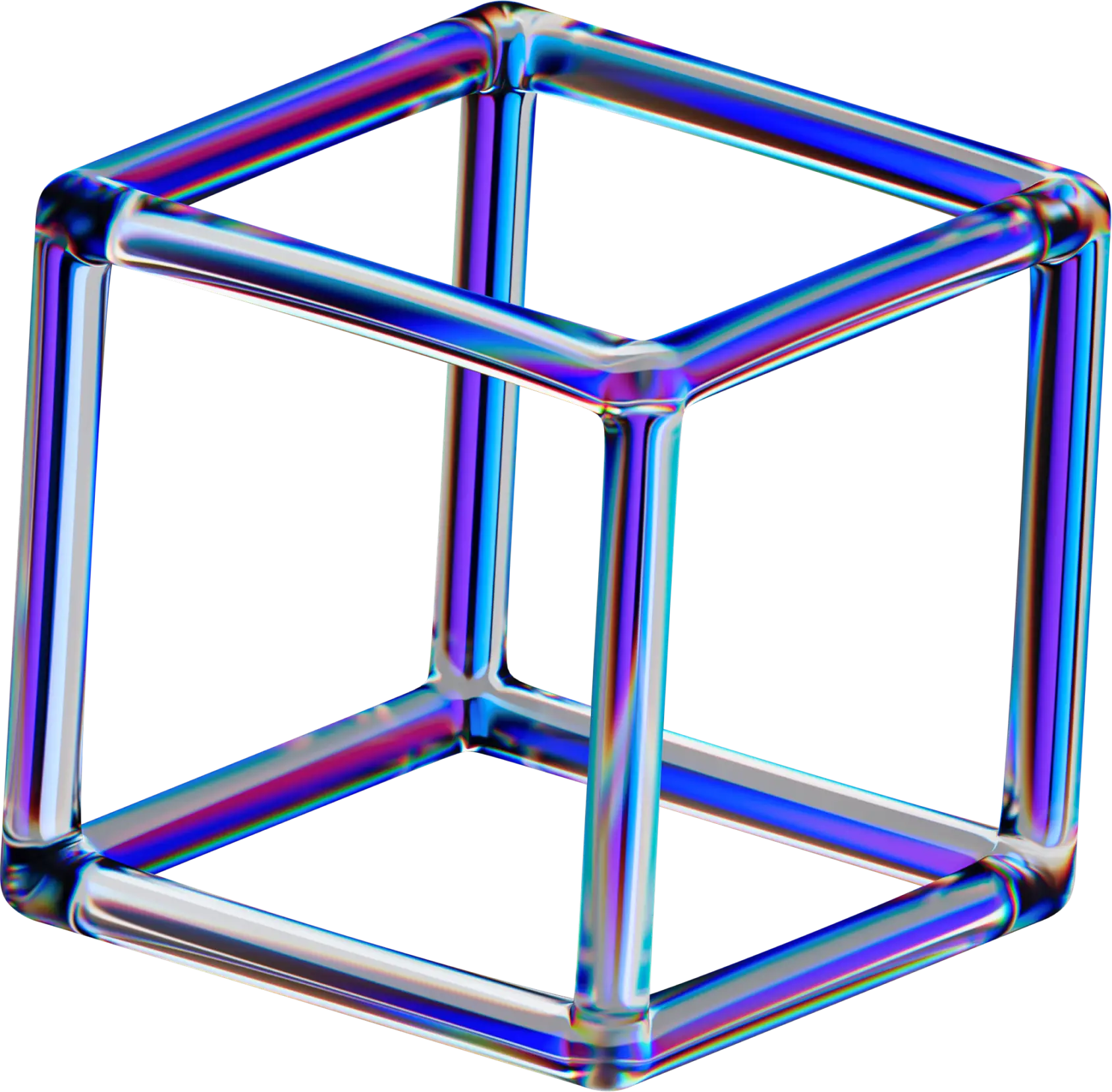 Transparent cube frame with iridescent blue and purple glass-like tubes forming edges on a black background.