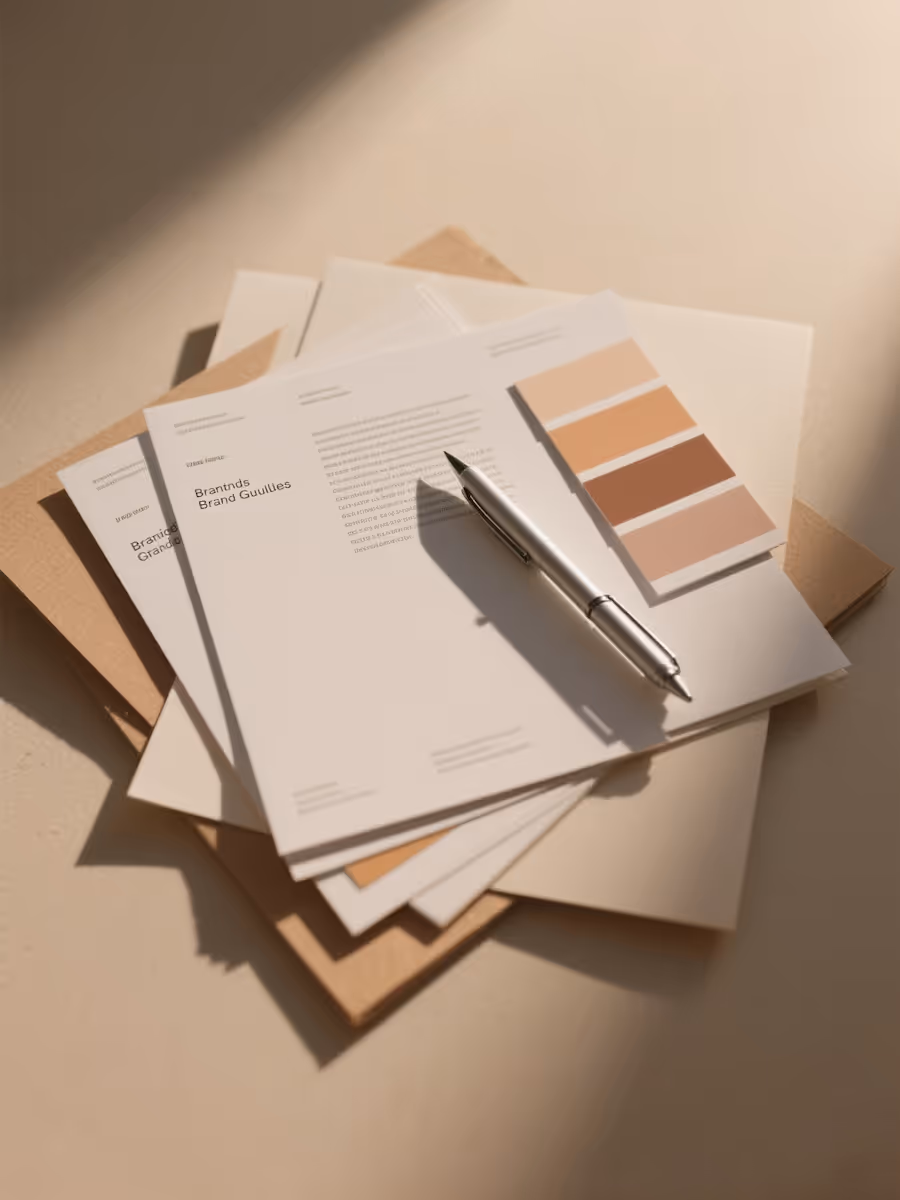 Stack of branding papers with a color palette card and a silver pen on a beige surface under soft light.