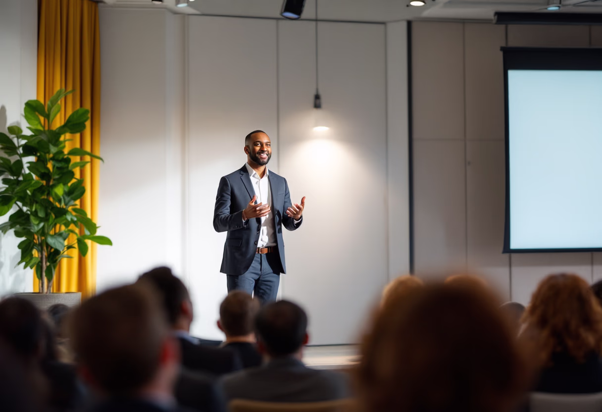 image of guest speaker at a conference (for a legal tech)