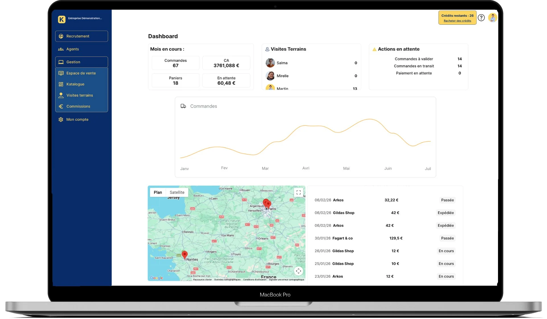 Visuel du Dashboard de gestion des Agents Commerciaux sur Karavane