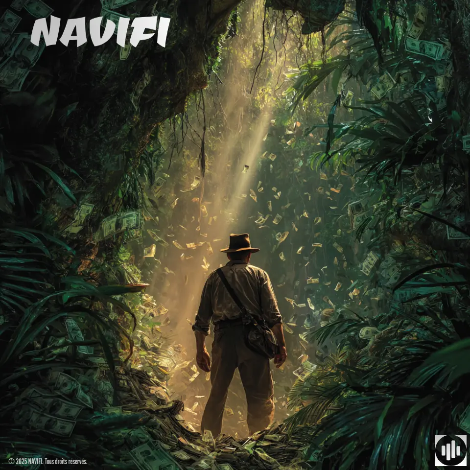 Image avec un aventurier dans une jungle, image avec des billets de banque, image avec un halo de lumière, image Navifi