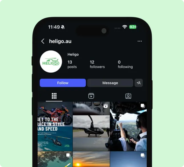 Instagram profile page of heligo.au showing 13 posts, 12 followers, and 0 following with images of helicopters and scenic views.