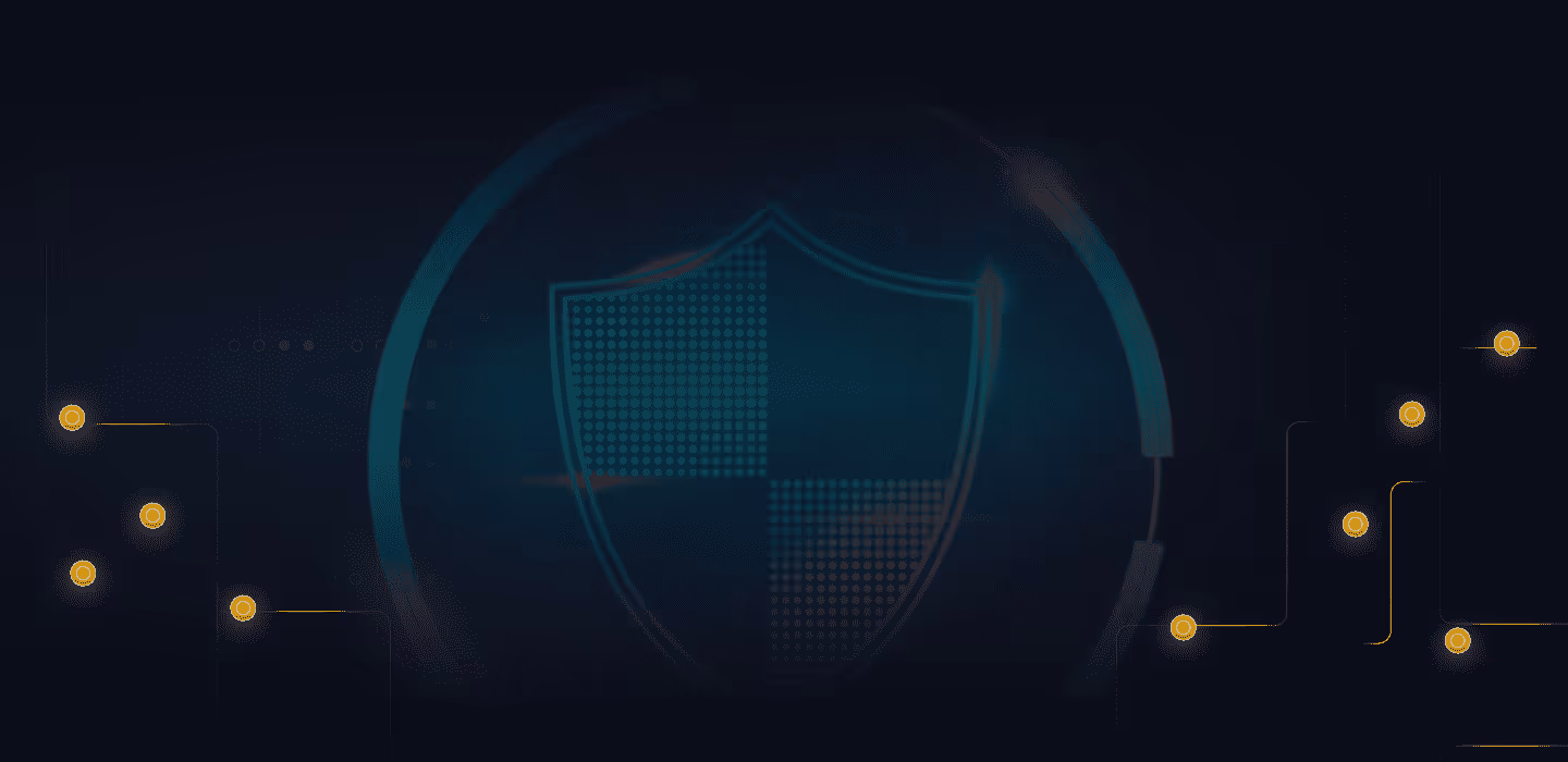 Digital shield icon with a circuit-like design glowing on a dark background, symbolizing cybersecurity.