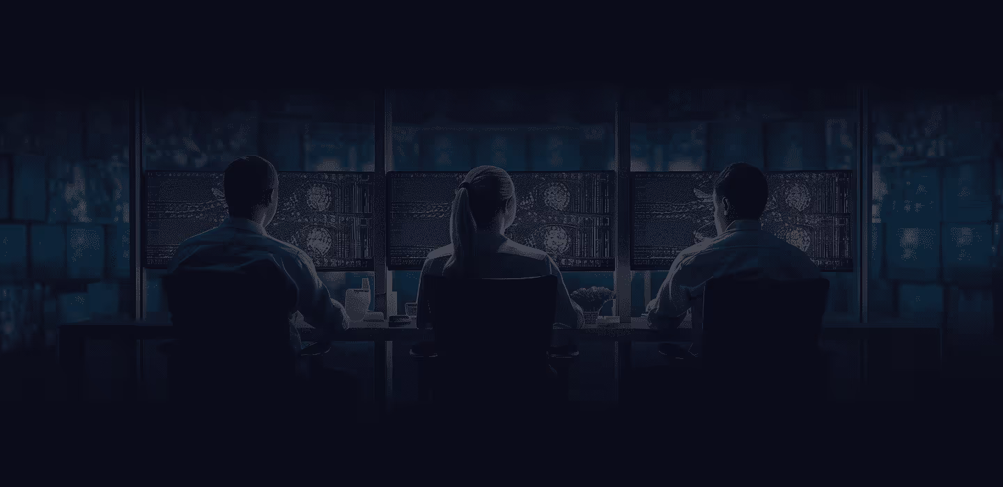 Three people sitting at desks working on multiple computer monitors displaying complex data and code in a dimly lit room.