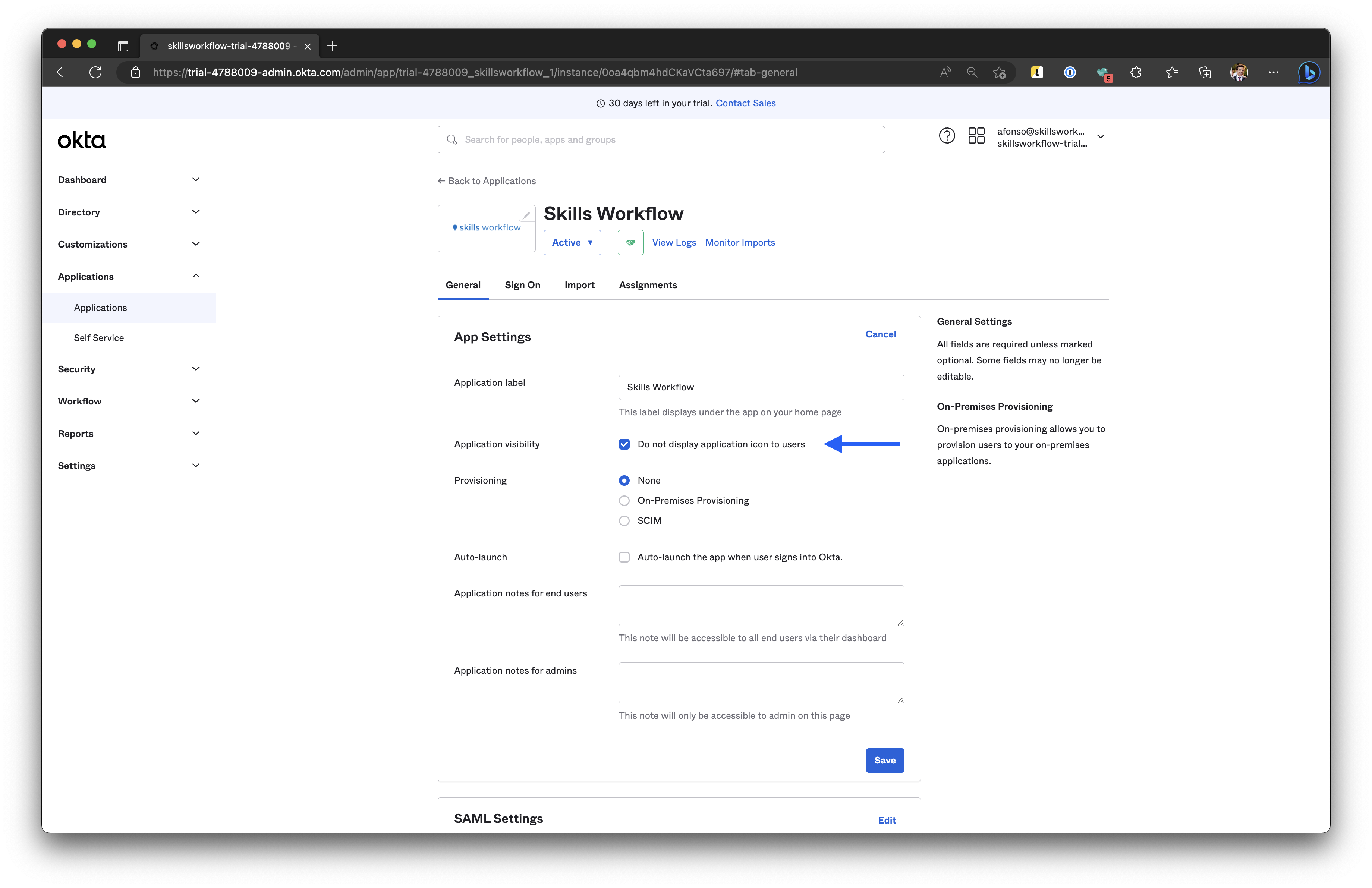 Screenshot shows Okta App Visibility.