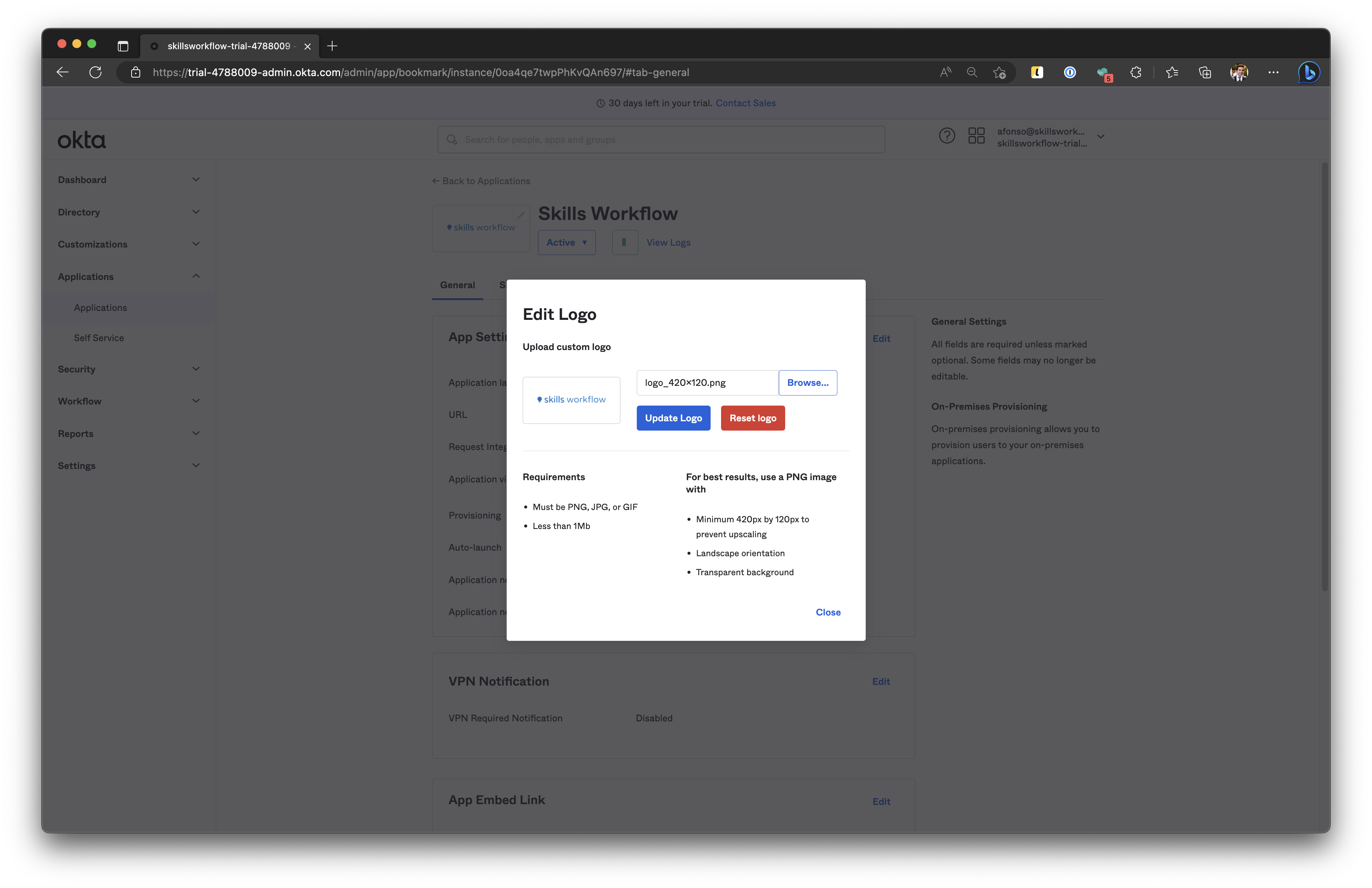 Screenshot shows Okta App Visibility.