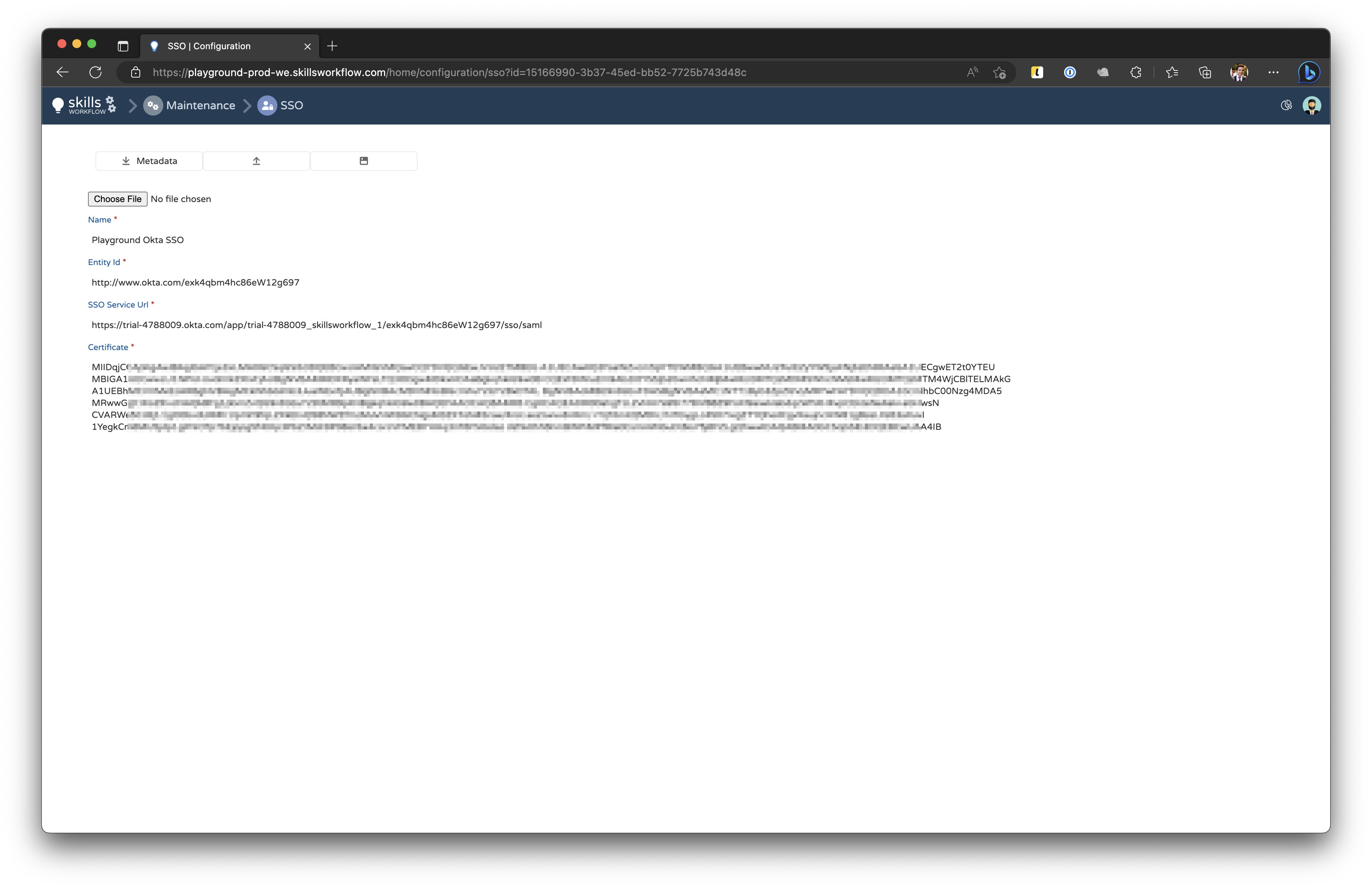 Screenshot shows Skills Workflow SSO Configuration.