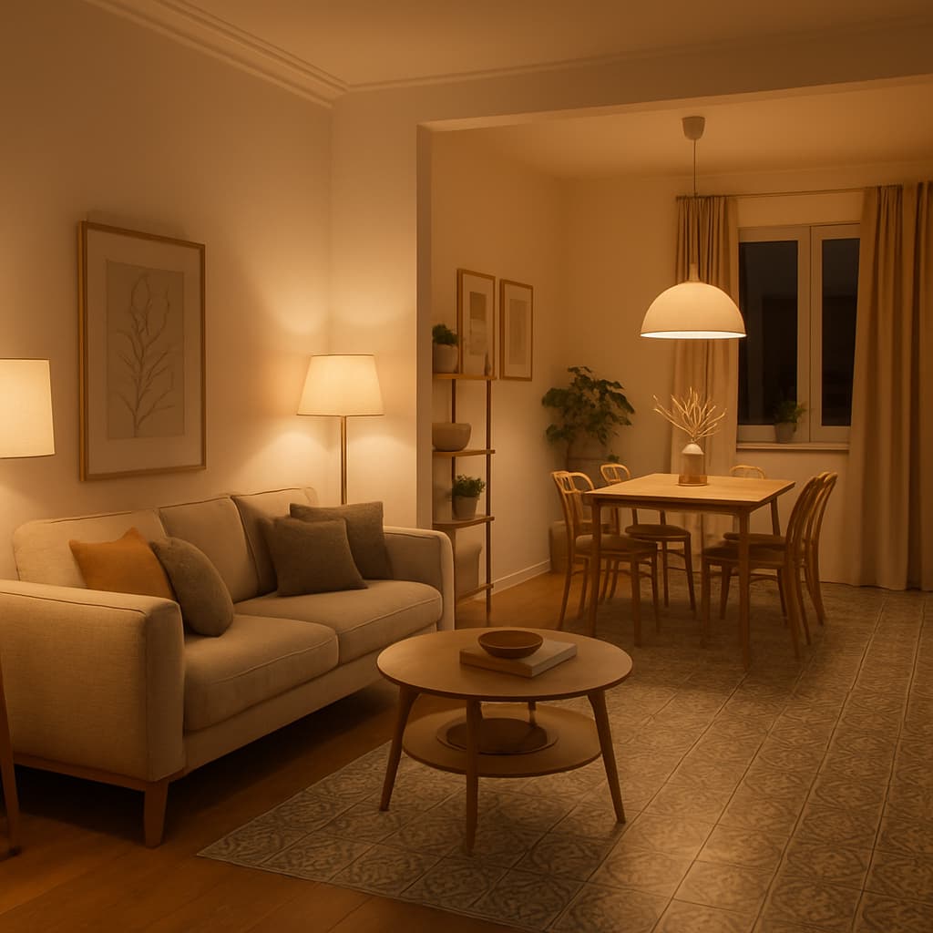 cozy living and dining room with warm tile accents