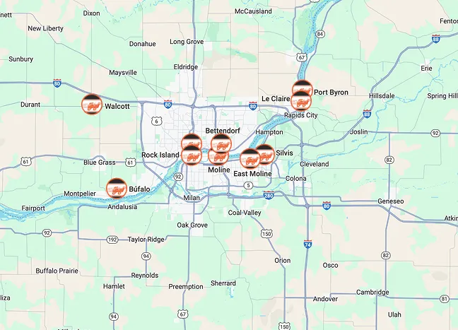 Map of Quad Cities area in Illinois and Iowa with multiple city markers