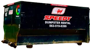 Large black Speedy Dumpster Rental container with logo and contact number