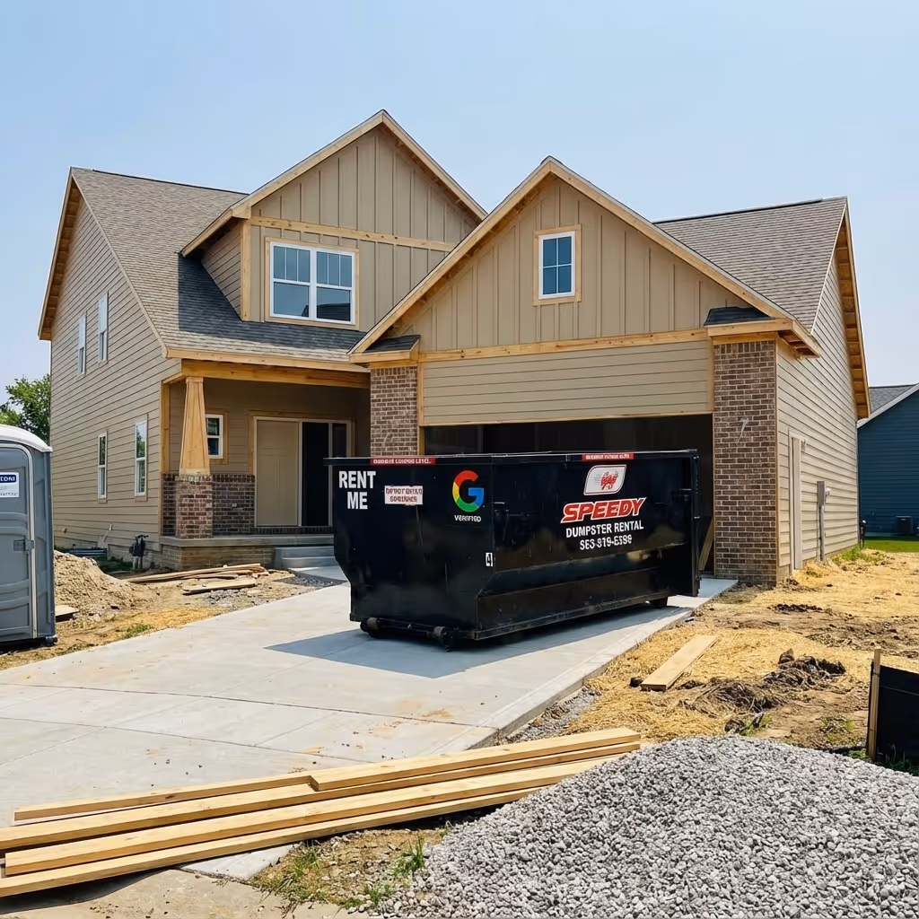 Newly constructed two-story house with a concrete driveway holding a black dumpster labeled Speedy Dumpster Rental.