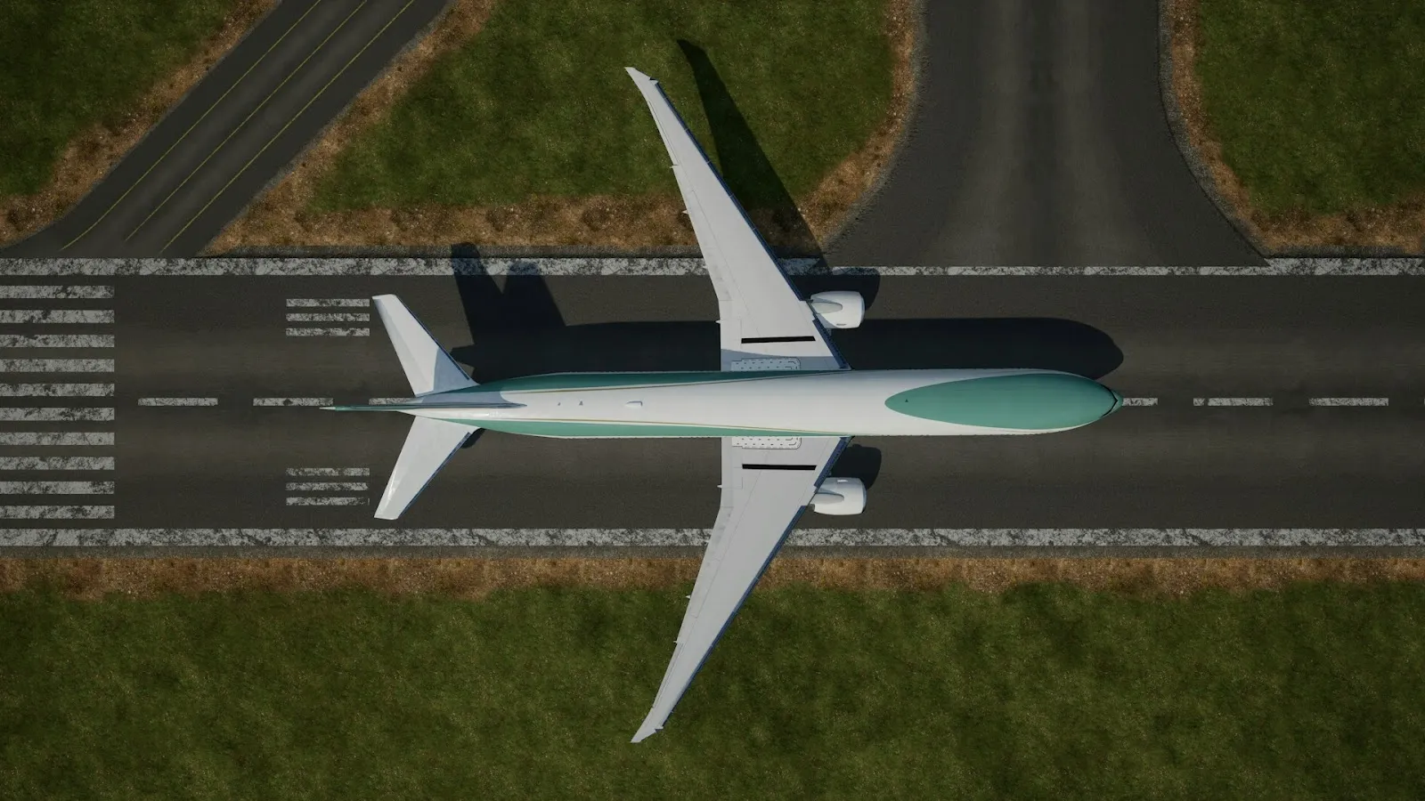 A top-down view of a green and white plane on a runway