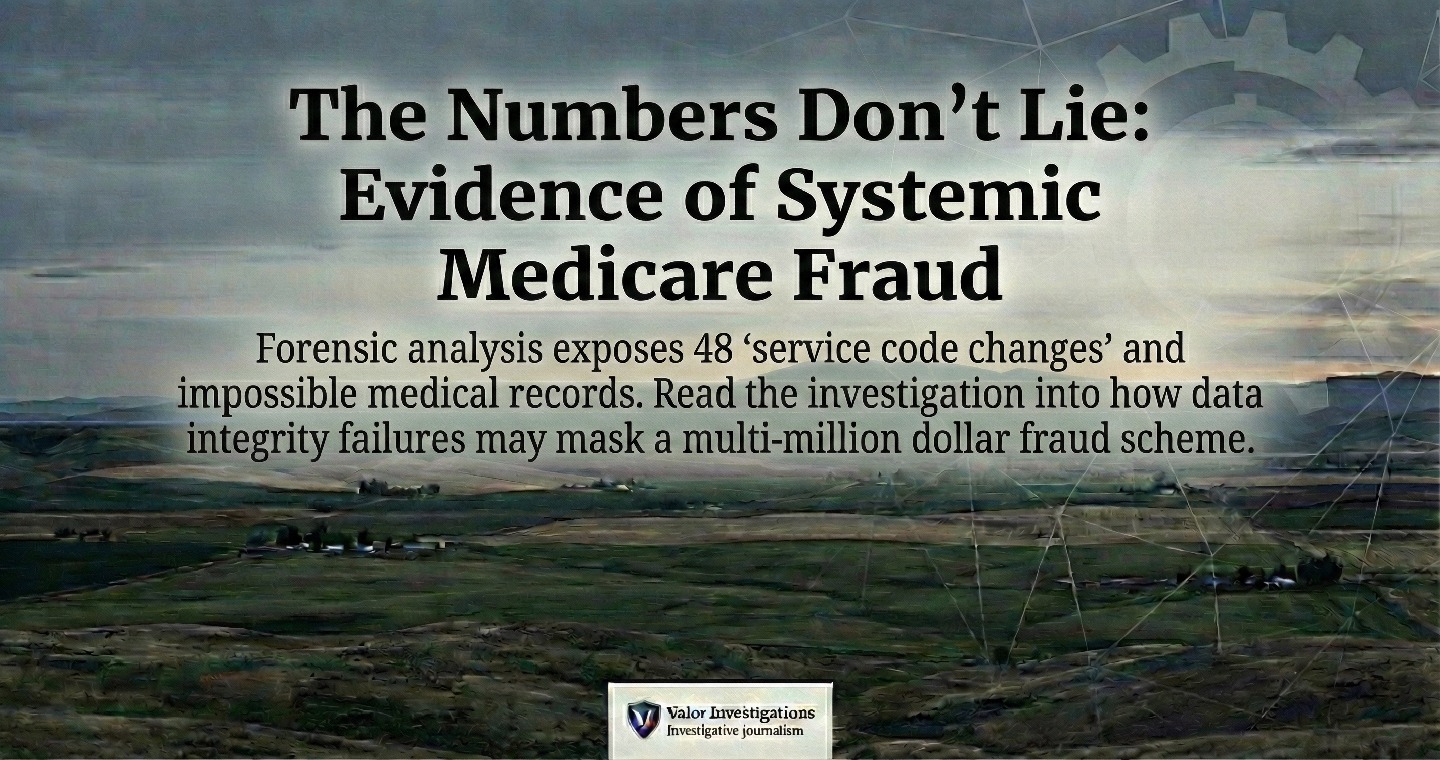 Text overlay on a landscape reading: 'The Numbers Don’t Lie: Evidence of Systemic Medicare Fraud. Forensic analysis exposes 48 service code changes and impossible medical records, revealing a multi-million dollar fraud scheme.'