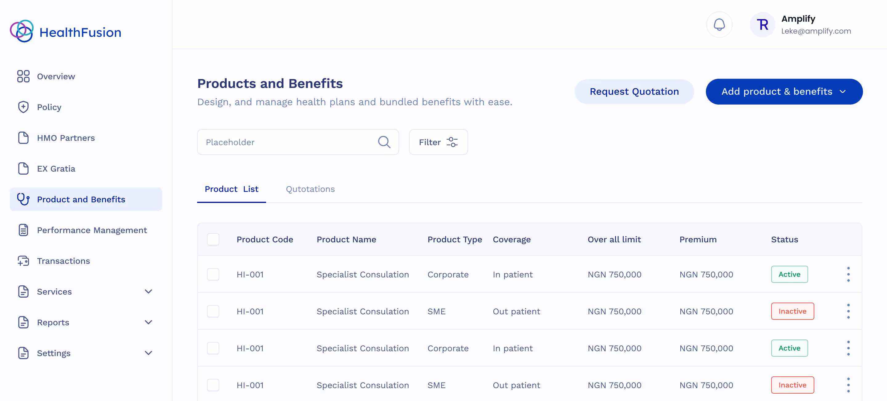 Admin portal showing hospital management, package creation, and company setup tools.