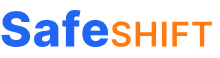 Safe Shift logo. The word safe is in blue, lower case and bold. The word shift which is right up next to the word safe is upper case and in orange. Slightly smaller font.