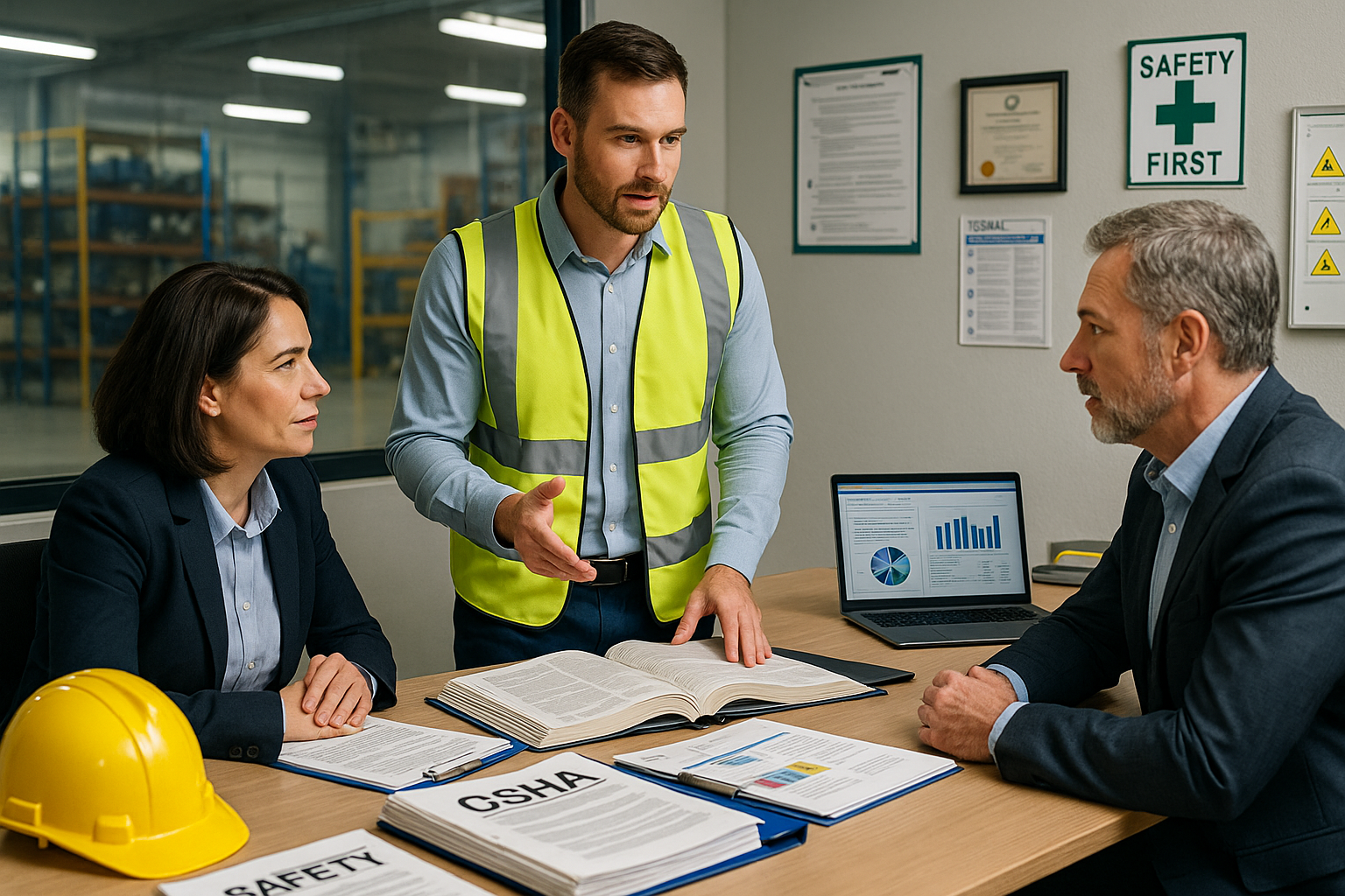 Three people are in an interior office looking out on a warehouse. The three people from left to right are:
- A woman seated in a chair
- A man standing wearing a yellow PPE vest
- A man behind the desk wearing a suit without a tie
They have a yellow hard hat on the table in front of them and a series of binders and papers and a laptop computer.