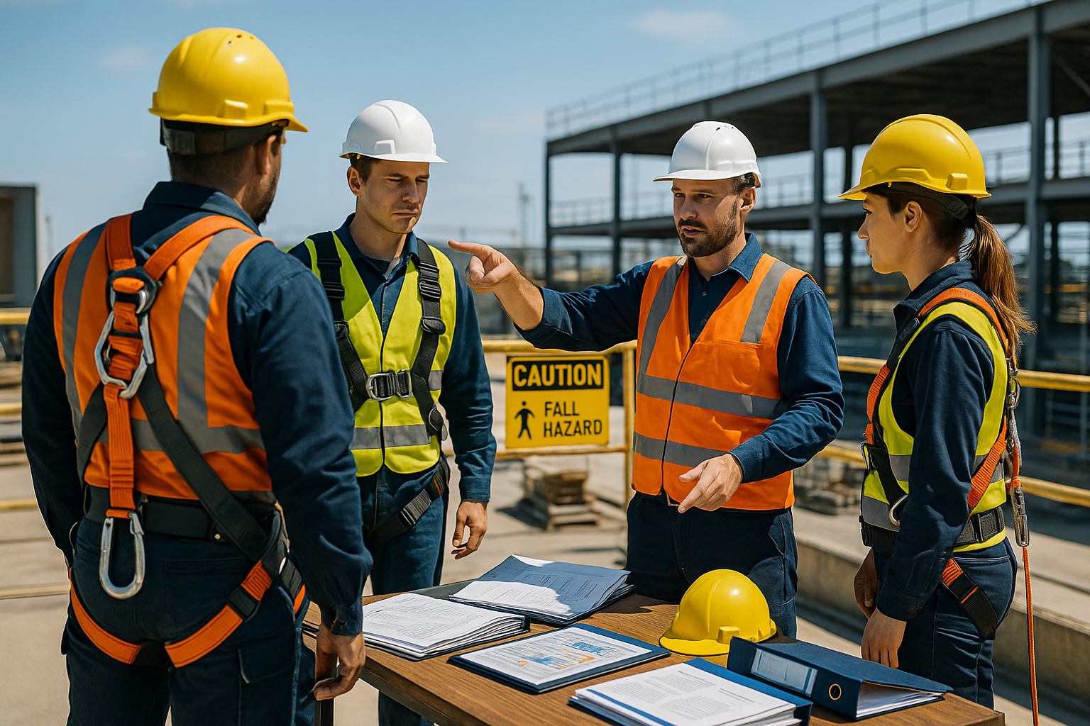 Four people standing outside on a sunny day in front of a steel building under construction. The workers are wearing yellow hard hats and white hard hats. One is wearing a fall protection harness. There's a young woman and three middle-aged men. There's a yellow hard hat on the table and there's binders and papers on the table as well.