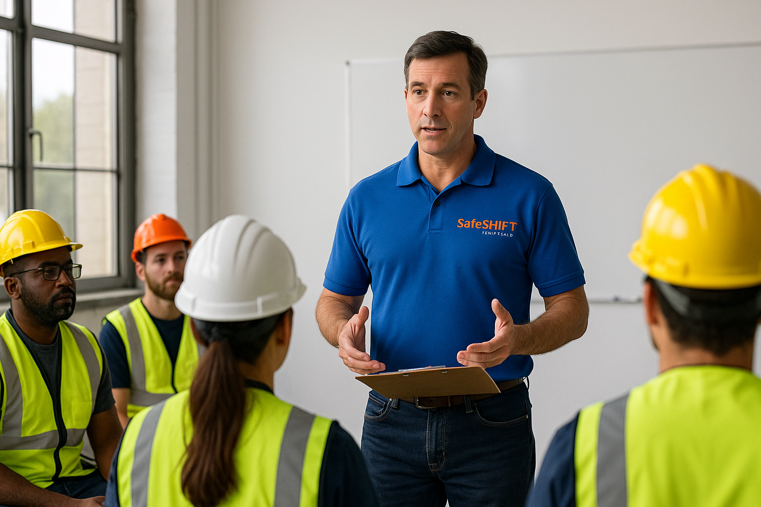 A group of 4 workers are seated on chairs in what appears to be a small classroom. They're wearing hard hats that vary in color from orange, yellow, and white. They're all looking up to an instructor who's wearing a blue shirt and has a clipboard in front of him as he instructs the class.