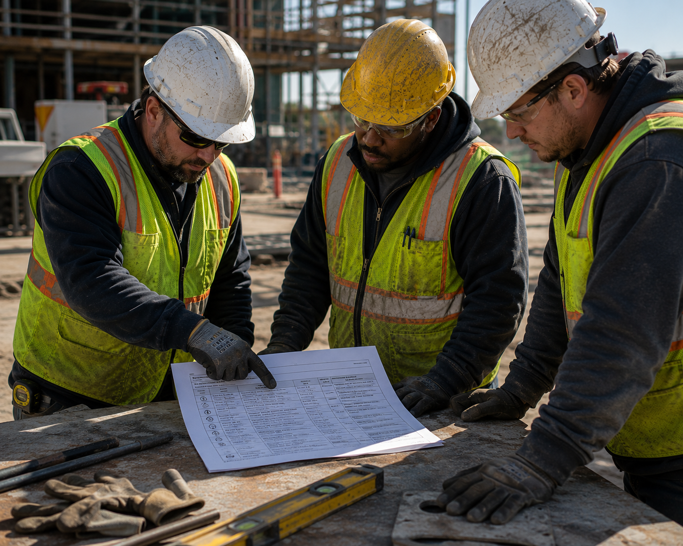 Construction workers reviewing a job hazard analysis together at a worksite.