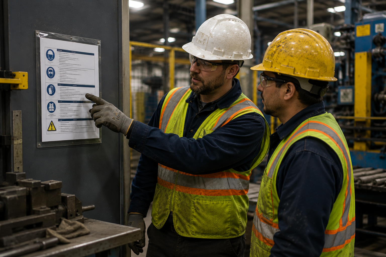 Two factory workers in hard hats and safety vests reviewing a safety instruction sheet on a machine.