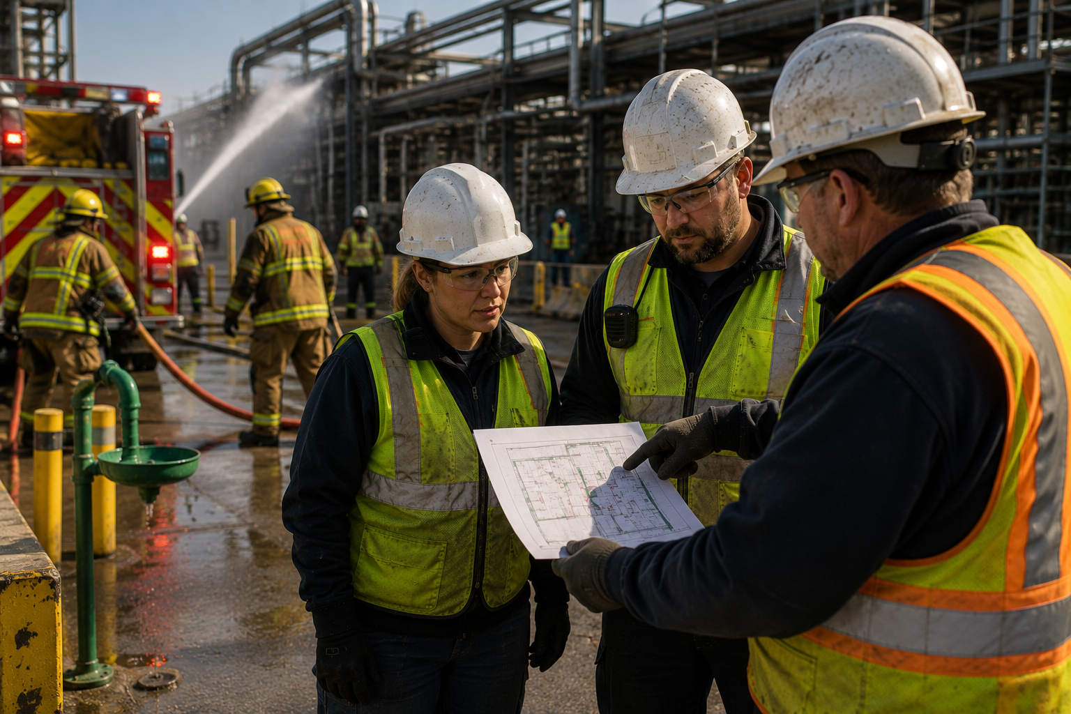 Workers reviewing an emergency response plan at an industrial worksite.