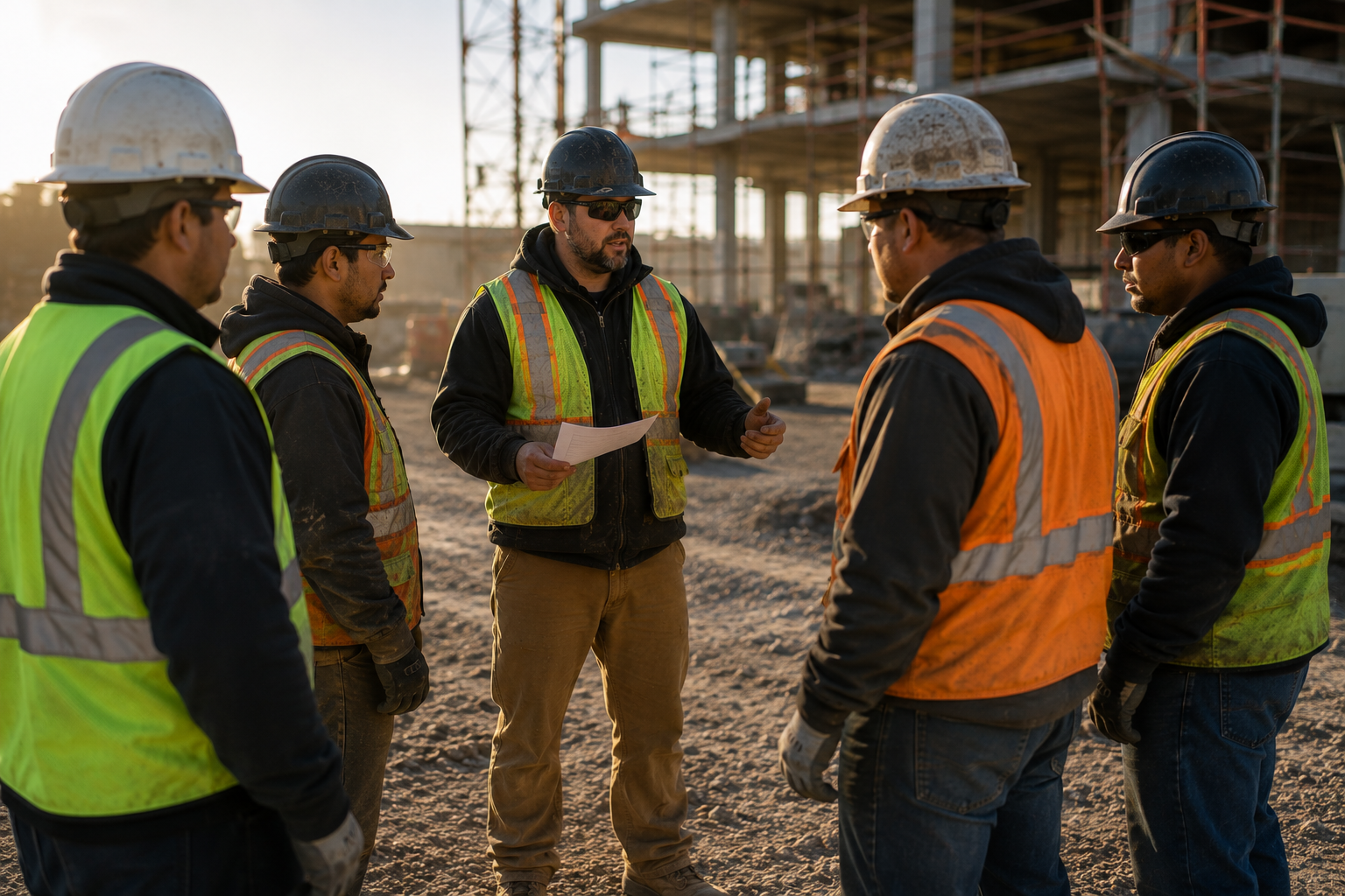 Construction supervisor leading a toolbox talk with workers at an active jobsite.