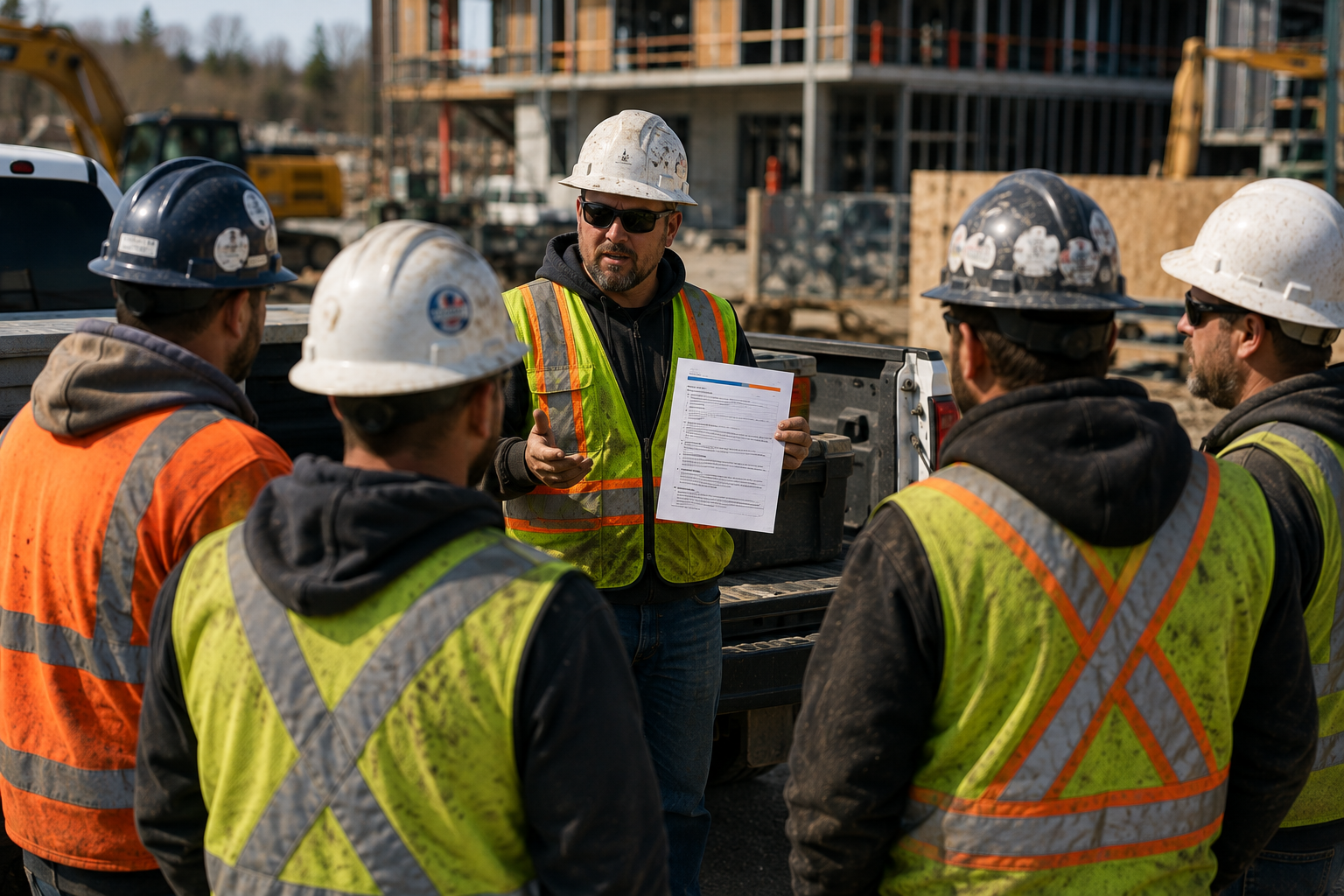 Construction crew reviewing safety documentation at a jobsite