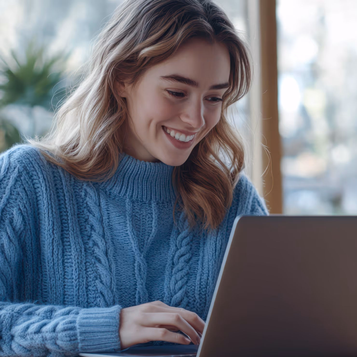 woman sitting on a table and looking into a laptop
