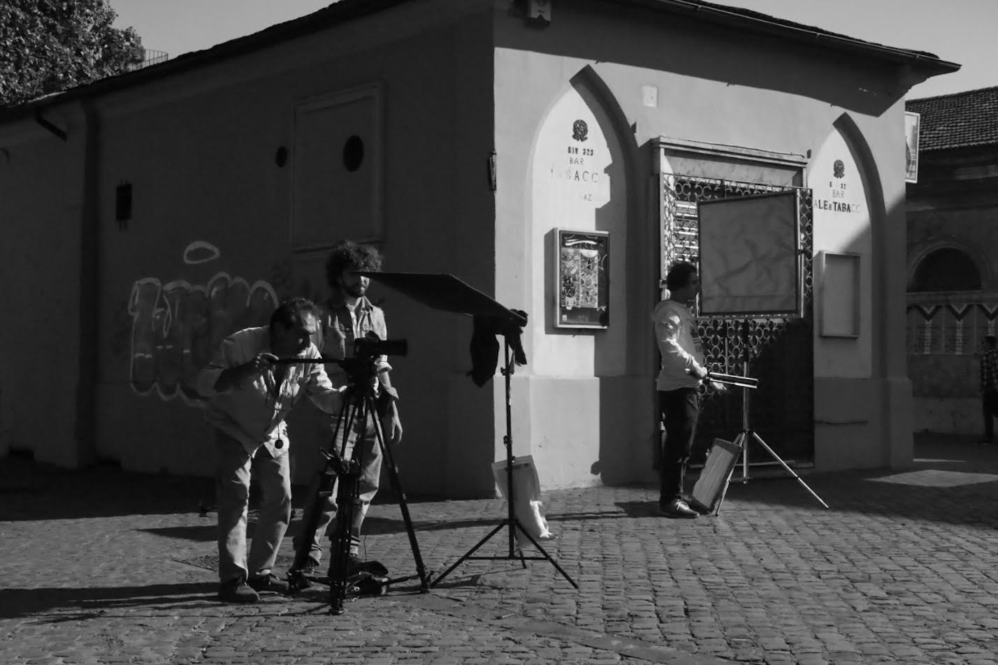 Students on set - in black and white 
