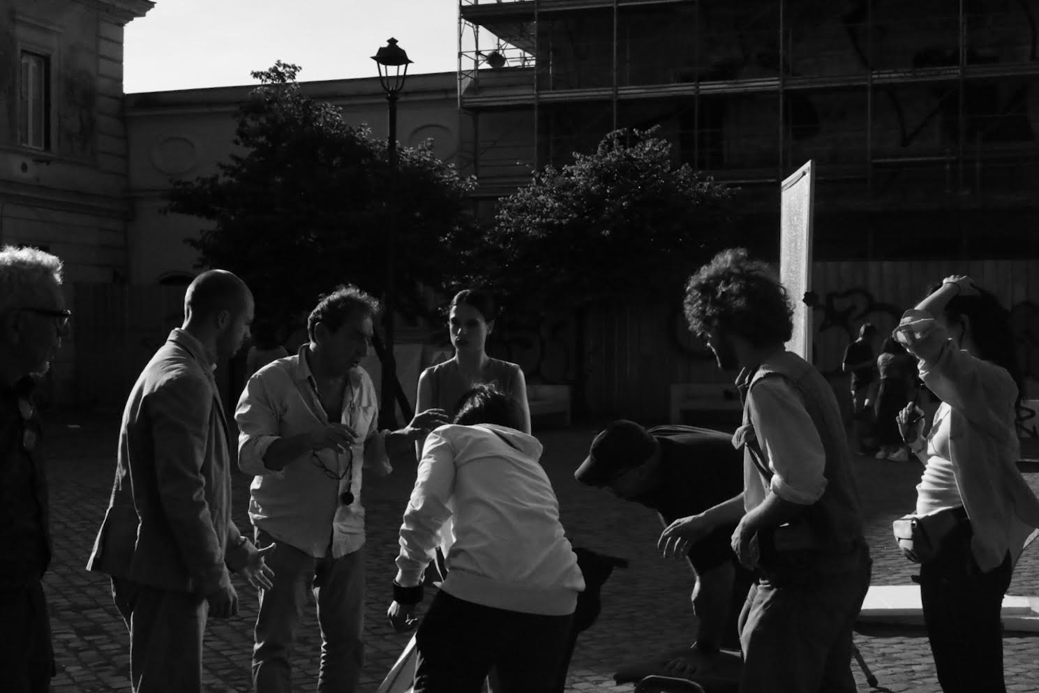 Students on set in black and white 