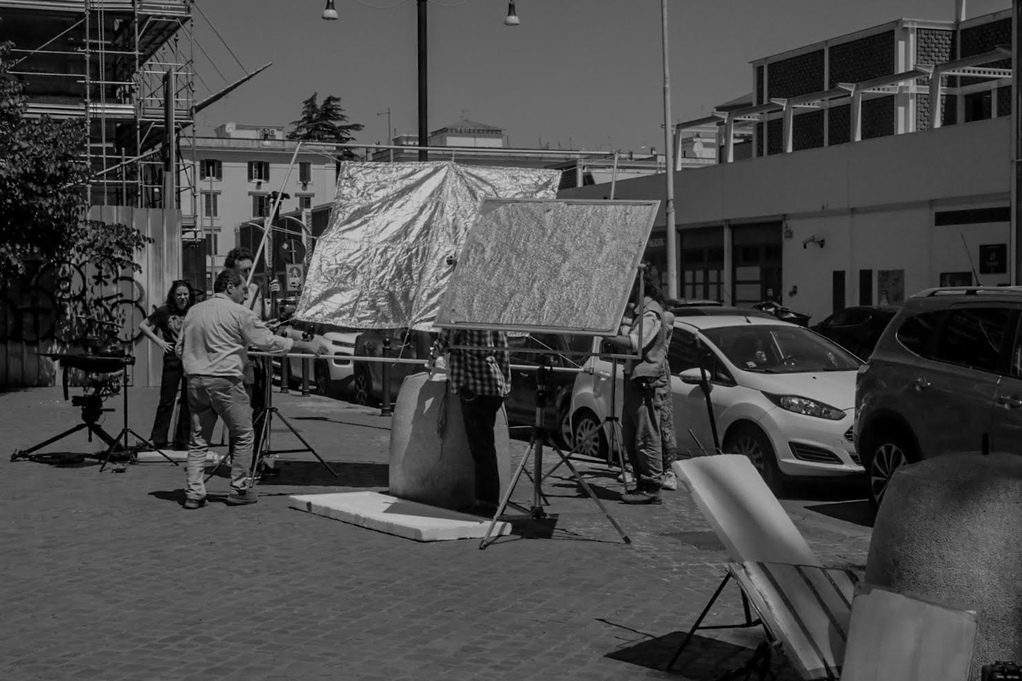 Students on set - in black and white 