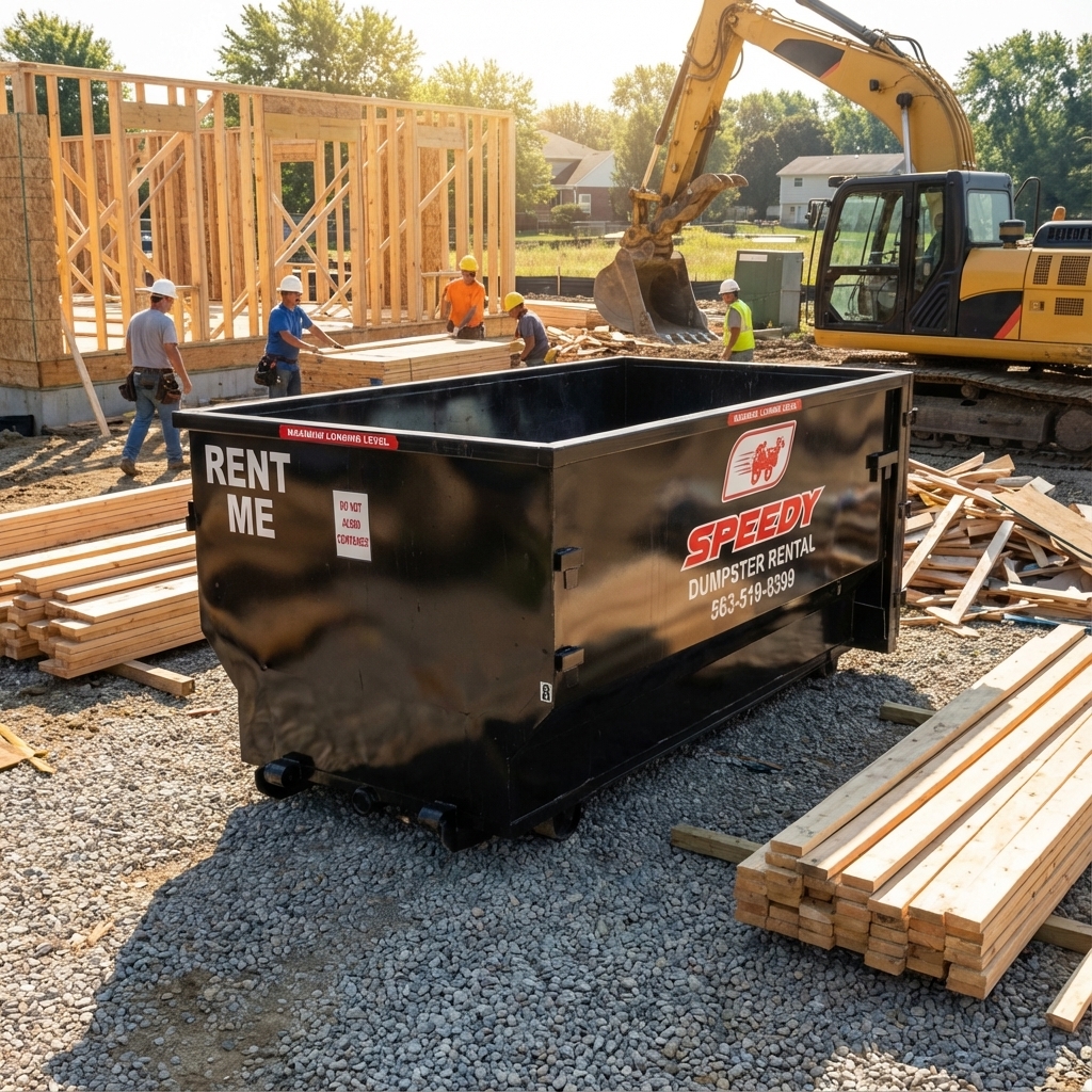 Black dumpster on construction site.