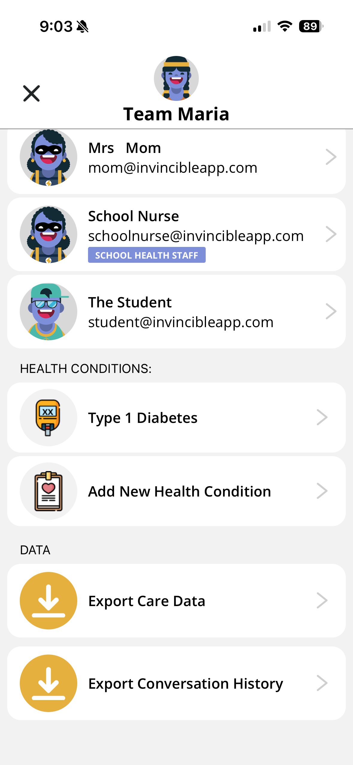 Export Care Data and Export Conversation History options