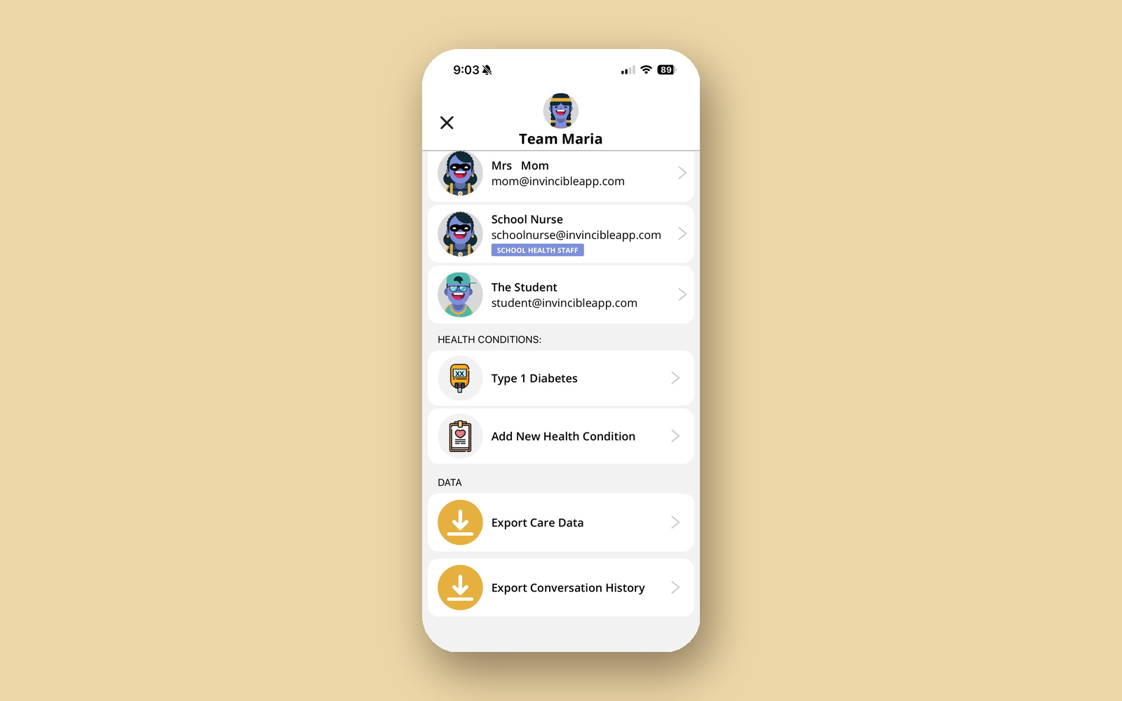 Export your care data from Invincible